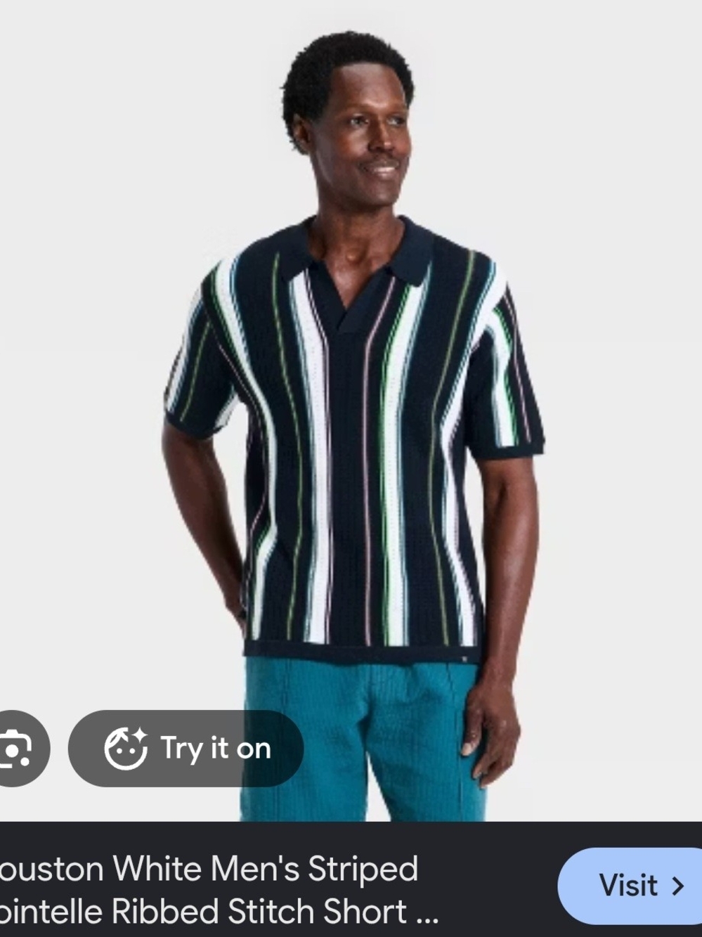 Striped V-Neck Short-Sleeve Sweater - Navy, White & Green